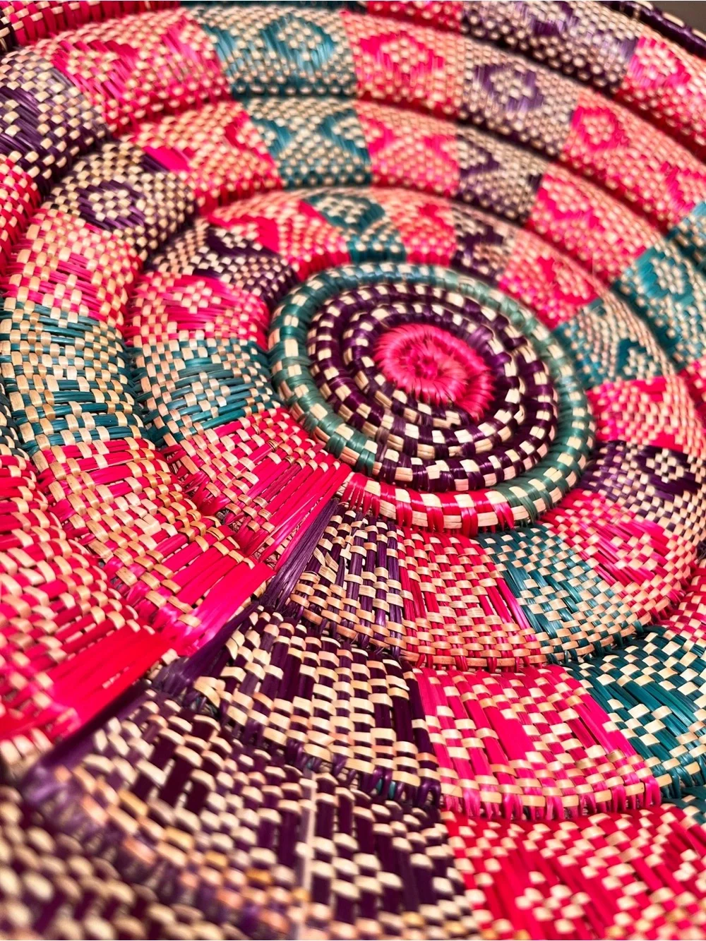 Woven raffia basket geometric pattern pink teal purple Ethiopian style 12”